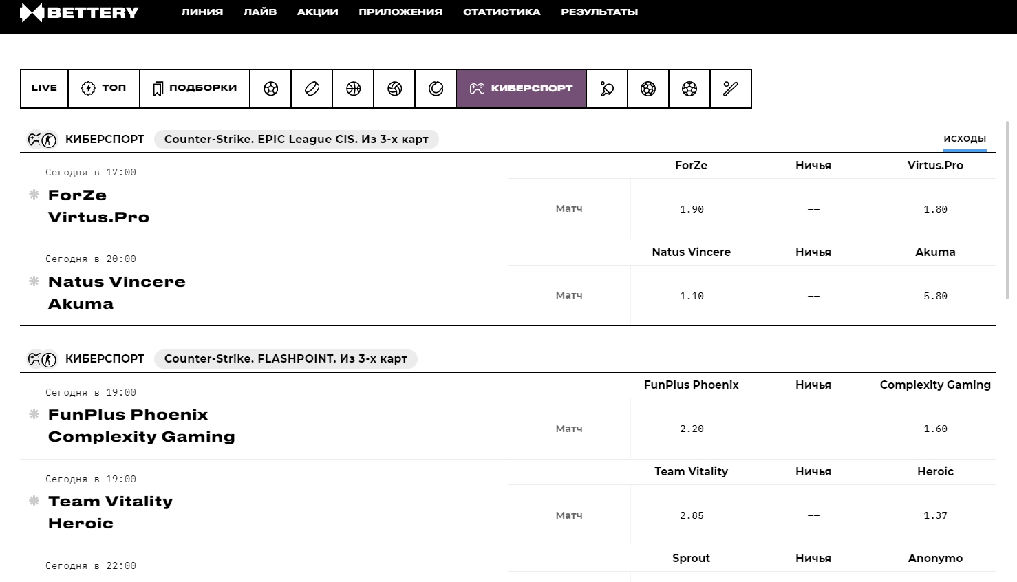 Функционал киберспортивного раздела в БК Беттери