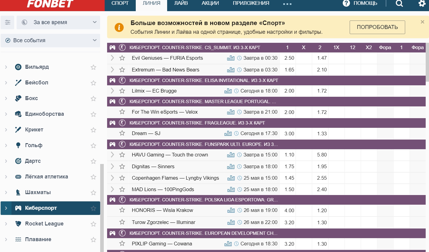 Киберспортивная линия легального букмекера