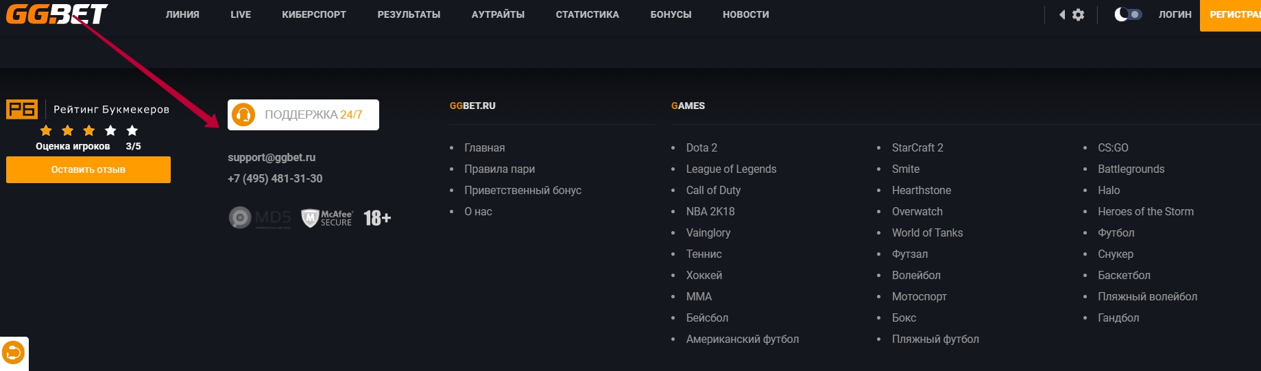 Контакты букмекера и служба поддержки