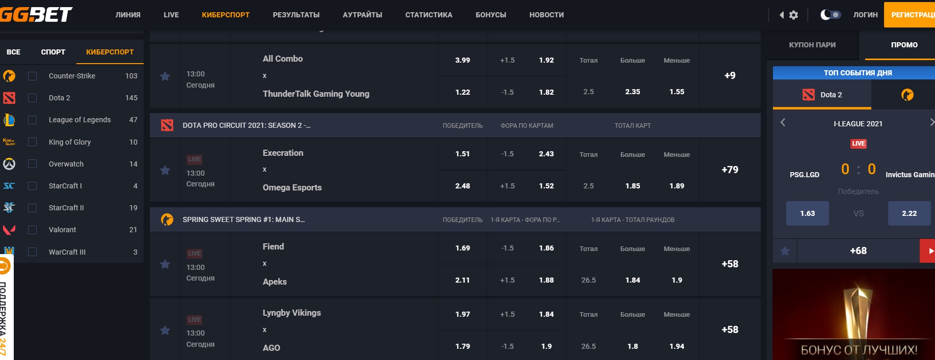 Линия для ставок на киберспорт в GG Bet