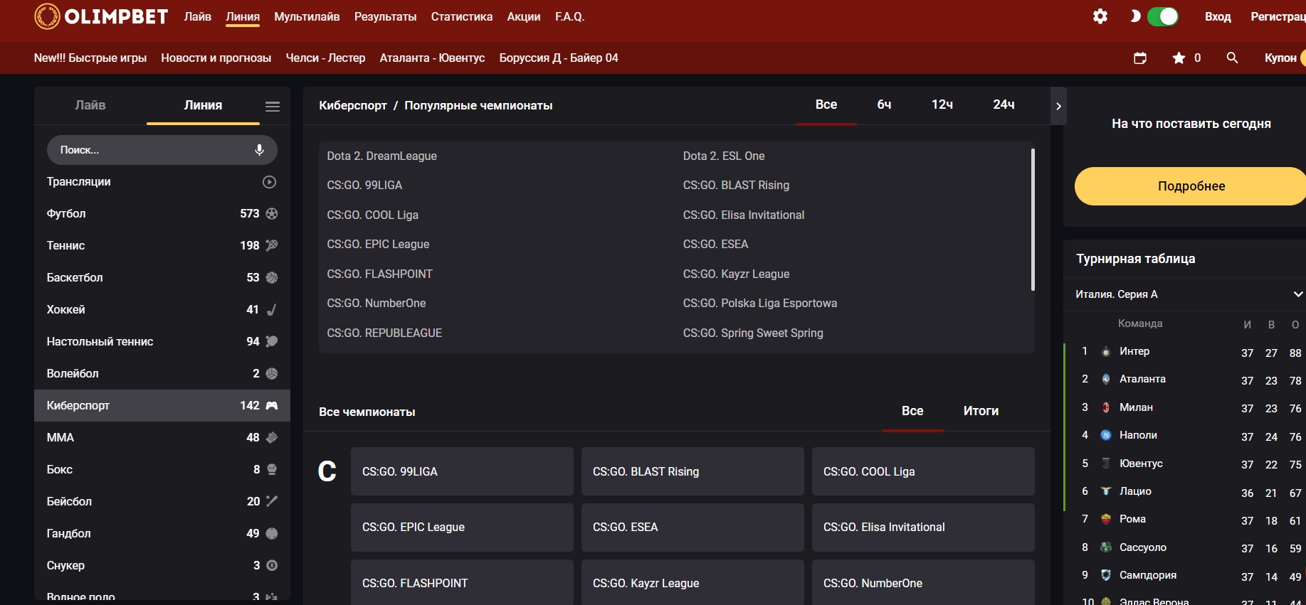 Обзор киберспортивного раздела на оф. сайте Olimp Bet